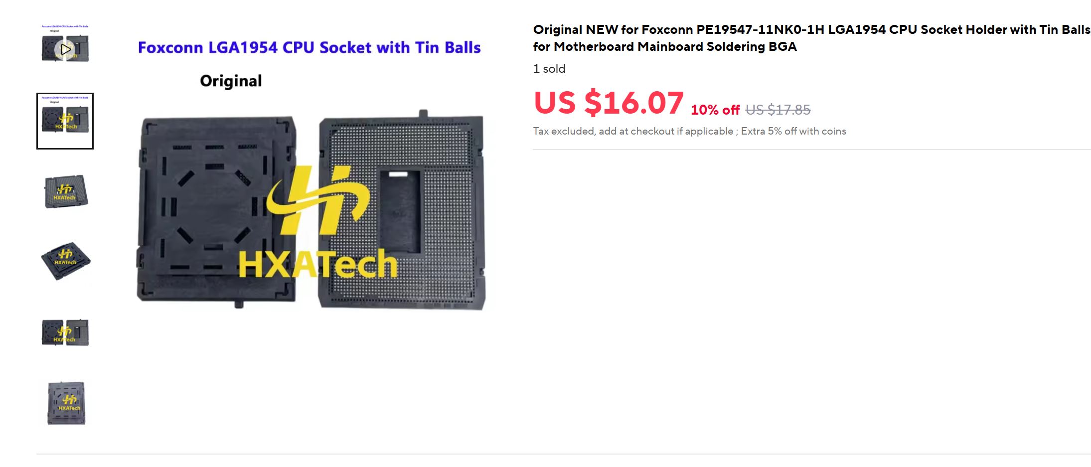 L'image présente un socket CPU Foxconn LGA1954 avec des billes d'étain, marqué du logo HXAtech, et affiché à 16,07€.