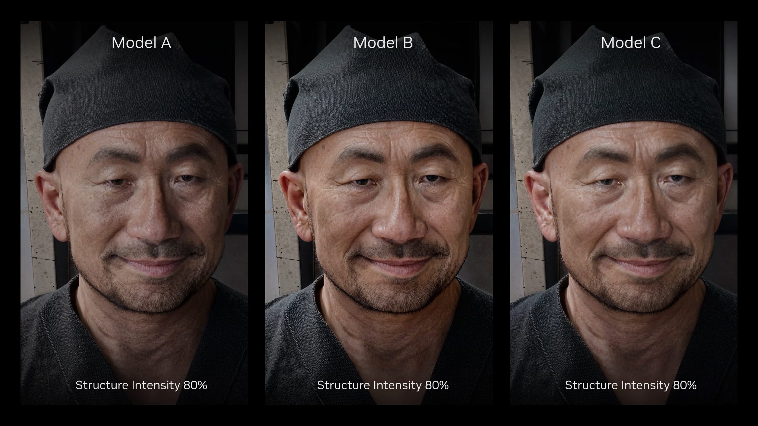 Trois images étiquetées Modèle A, Modèle B et Modèle C montrant un homme portant une couverture noire sur la tête, avec le texte 'Intensité de la Structure 80%' en dessous.