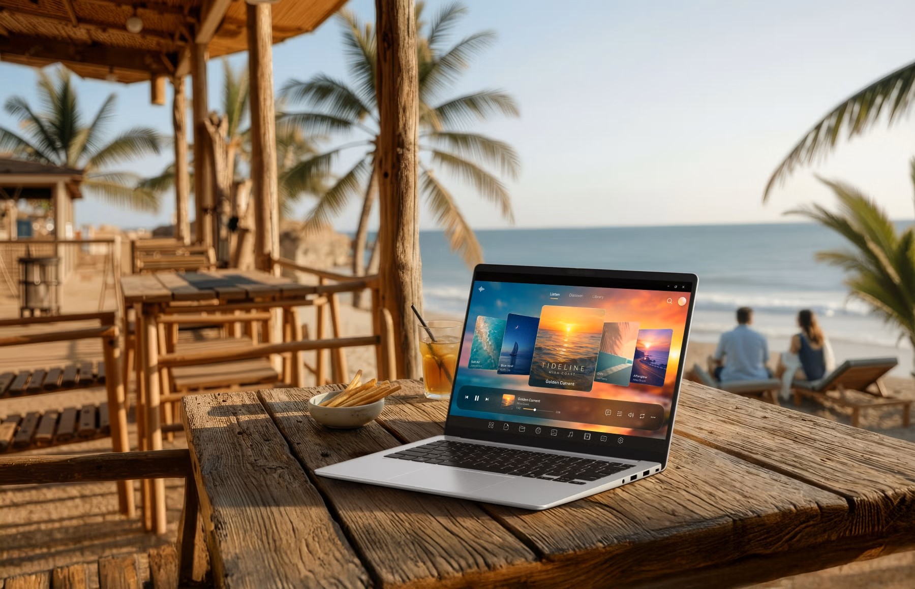 Un laptop affichant une interface de streaming est posé sur une table en bois dans un café en bord de plage, avec des palmiers et l'océan en arrière-plan.