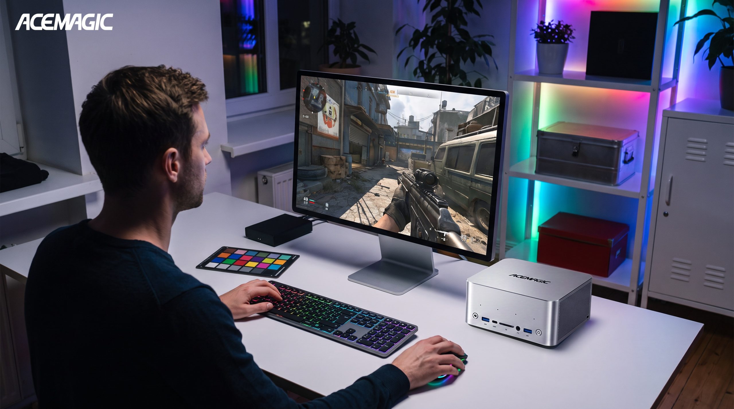 A person is gaming on a desktop setup with an ACEMAGIC mini PC and a monitor displaying a first-person shooter game.