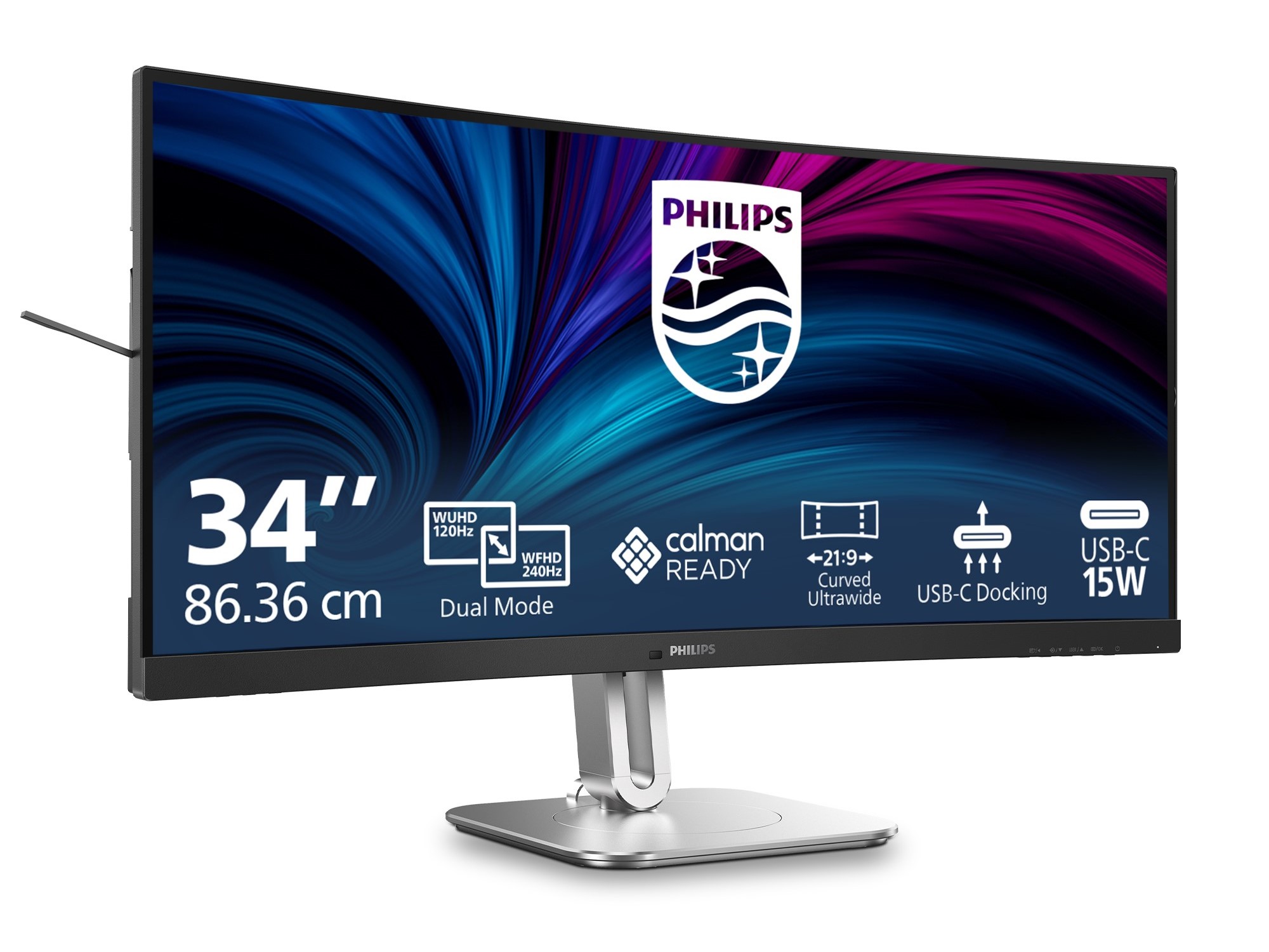 Un moniteur courbe ultrawide Philips 34 pouces affiche des spécifications dont 'Dual Mode', 'calman READY', 'USB-C Docking', et 'USB-C 15W'.