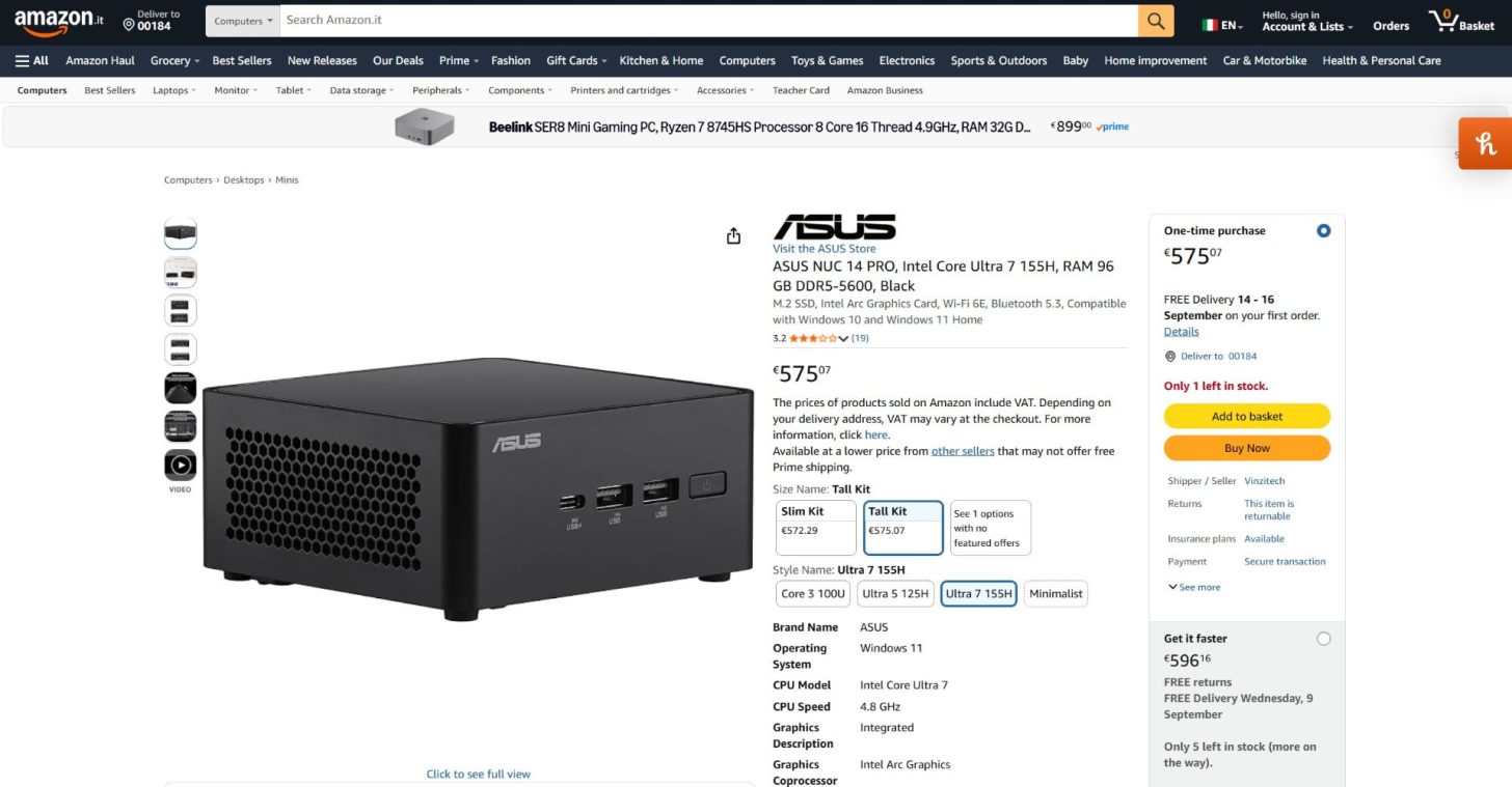 ASUS' official vendors on Amazon are selling NUC PCs on Amazon at affordable prices, but without RAM or storage