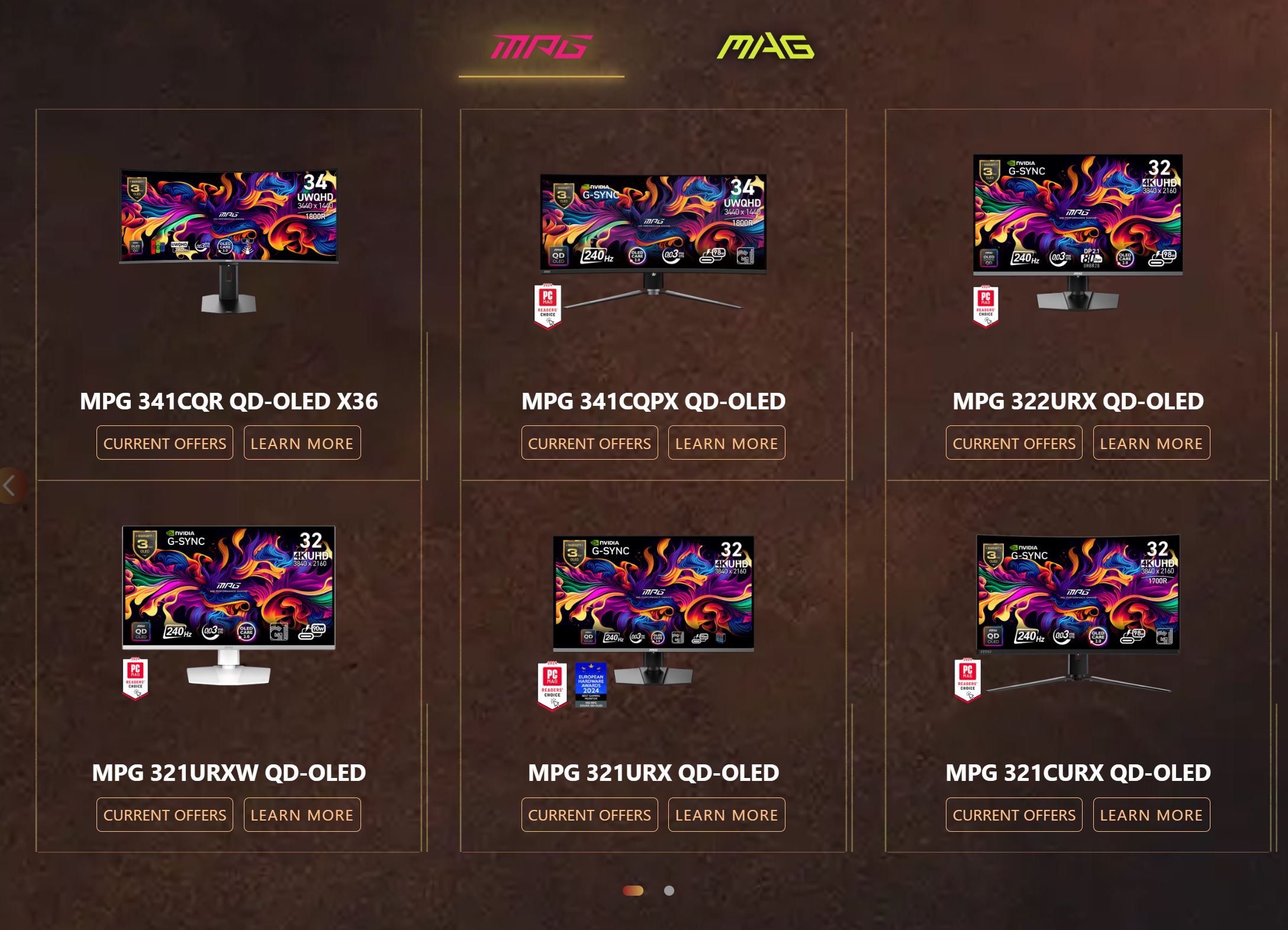 Une page web présentant six modèles de moniteurs MSI MPG QD-OLED avec les mentions 'Offres du moment' et 'En savoir plus'.
