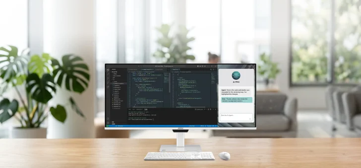 Un moniteur MSI sur un bureau affiche un éditeur de code et une interface de chat 'AI PRO' discutant d'optimisation de code.