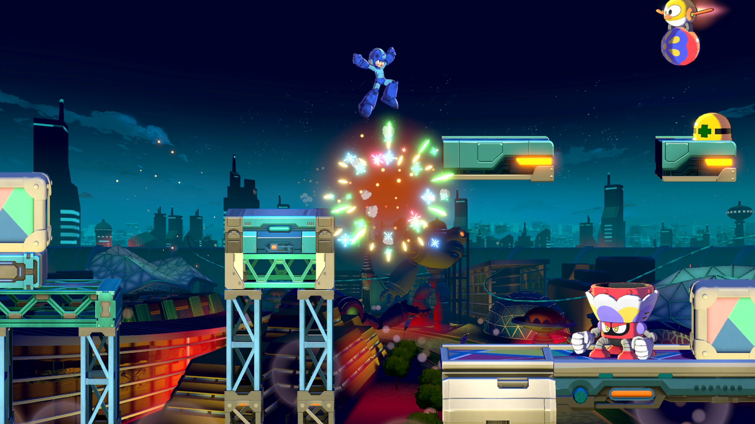 Mega Man sautant par-dessus un ennemi dans un niveau de ville futuriste.