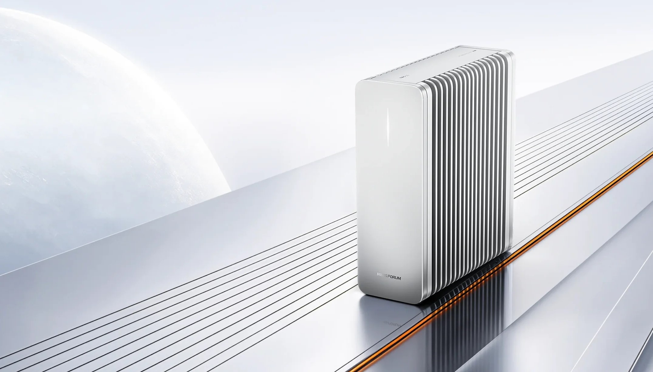 A futuristic white MINISFORUM vertical desktop unit with a ribbed design stands on a reflective surface against a background resembling a celestial body.