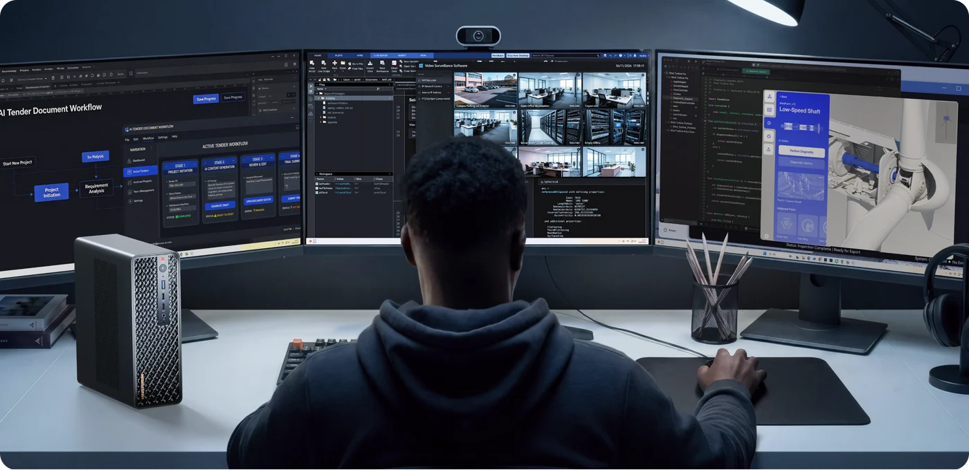 A person is working at a desk with three large computer monitors displaying an 'AI Tender Document Workflow,' surveillance software, and 3D modeling on a desktop setup, alongside a MINISFORUM PC.