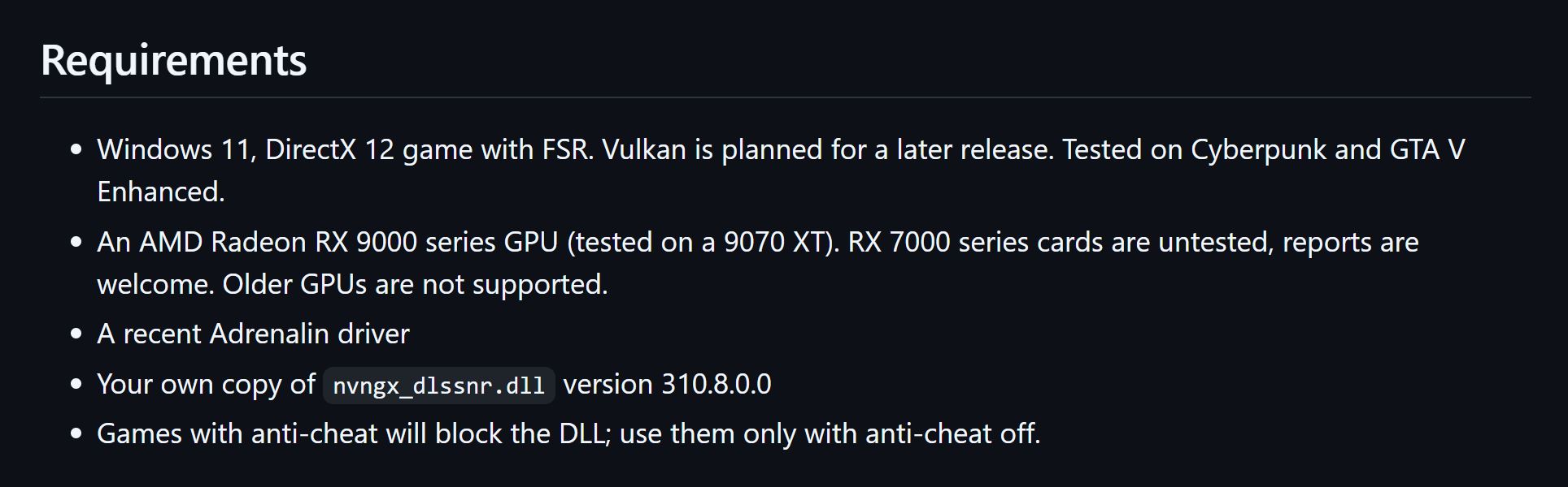 Liste des prérequis pour utiliser DLSS 5 sur AMD : Windows 11, DirectX 12 avec FSR, une carte Radeon RX 9000, un pilote Adrenalin récent et le fichier 'nvngx_dlssnr.dll' version 310.8.0.0. Un avertissement signale que les jeux avec anti-cheat bloqueront le DLL.