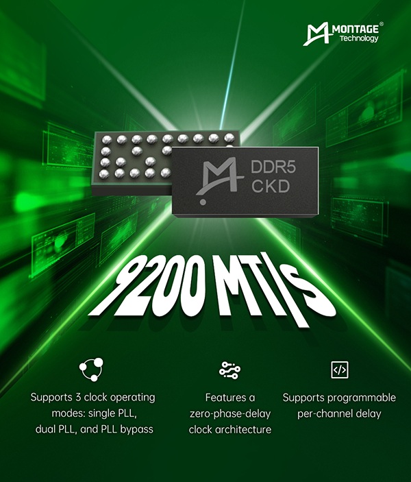 Une puce DDR5 CKD de Montage Technology affichant 9200 MT/s, avec trois modes de fonctionnement d'horloge et une architecture à déphasage zéro.