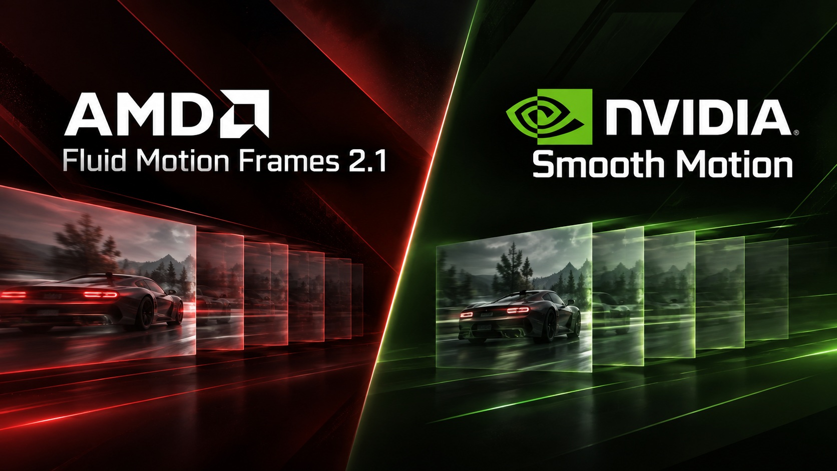 Comparaison entre AMD Fluid Motion Frames 2.1 et NVIDIA Smooth Motion, montrant des voitures en mouvement avec des effets de flou sur plusieurs trames, sur des thèmes rouge et vert.