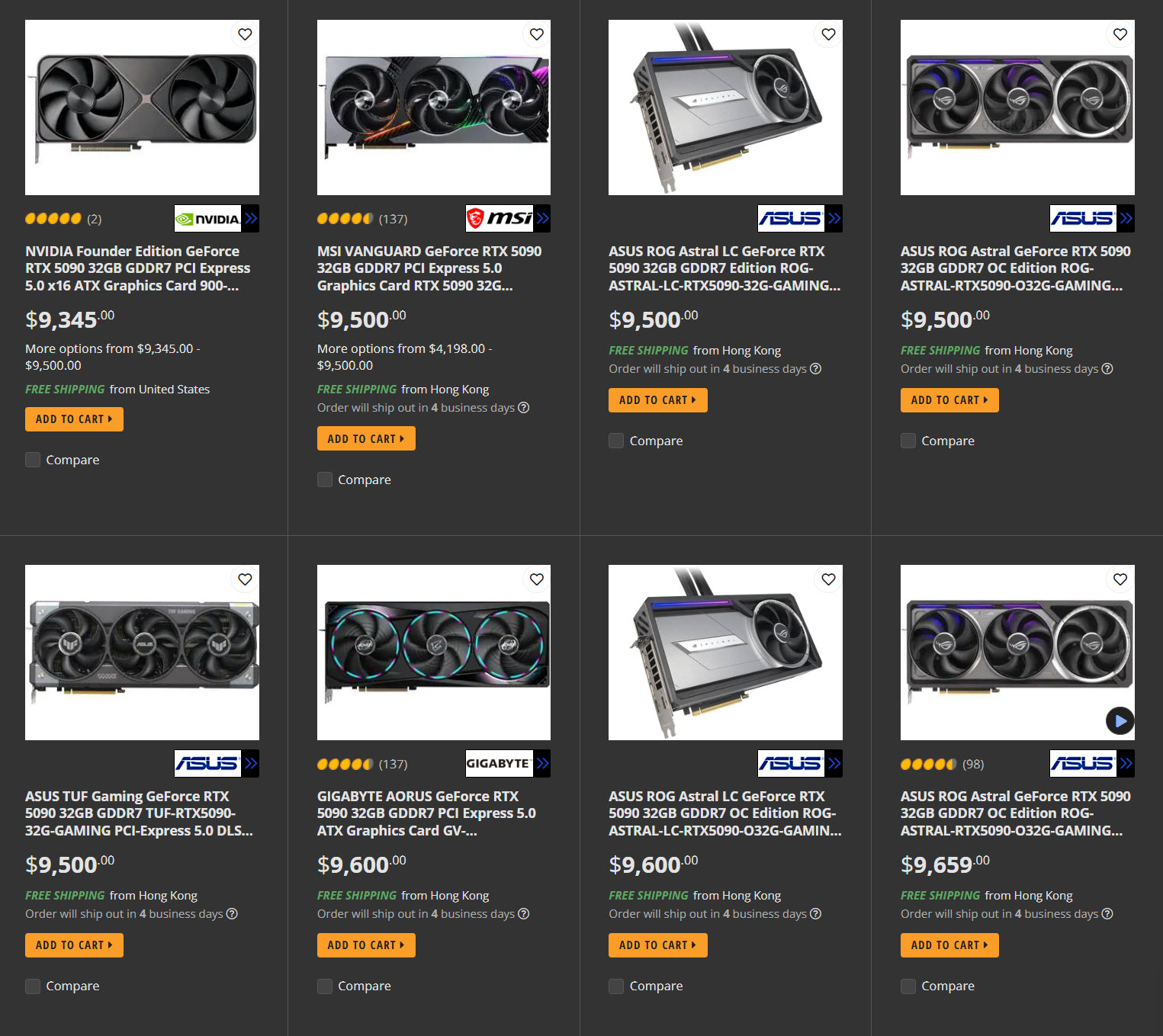 Une grille présentant plusieurs modèles de cartes graphiques RTX 5090 en vente sur Newegg, avec des prix compris entre 9345€ et 9569€.