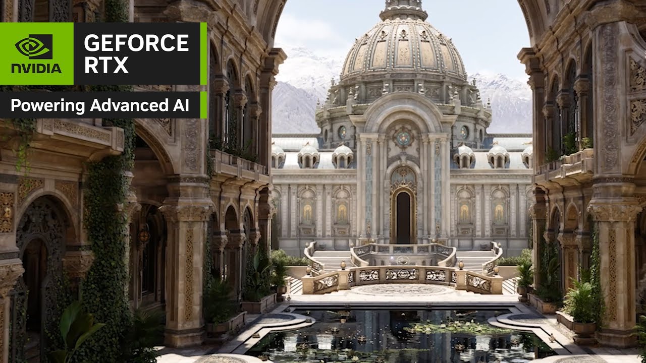 The image shows a detailed architectural scene showcasing a virtual environment powered by NVIDIA GeForce RTX, with the text 'Powering Advanced AI' displayed in the top left corner.