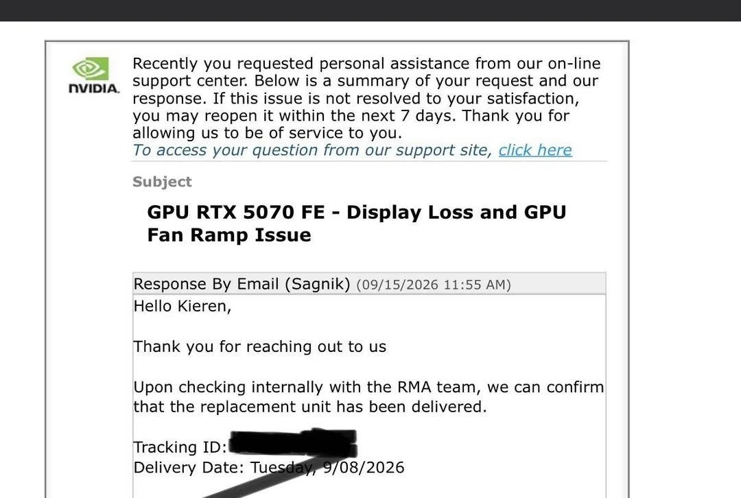 Un e-mail du support NVIDIA concernant un problème d'affichage et de ventilateur sur une RTX 5070 FE, confirmant l'envoi de l'unité de remplacement.