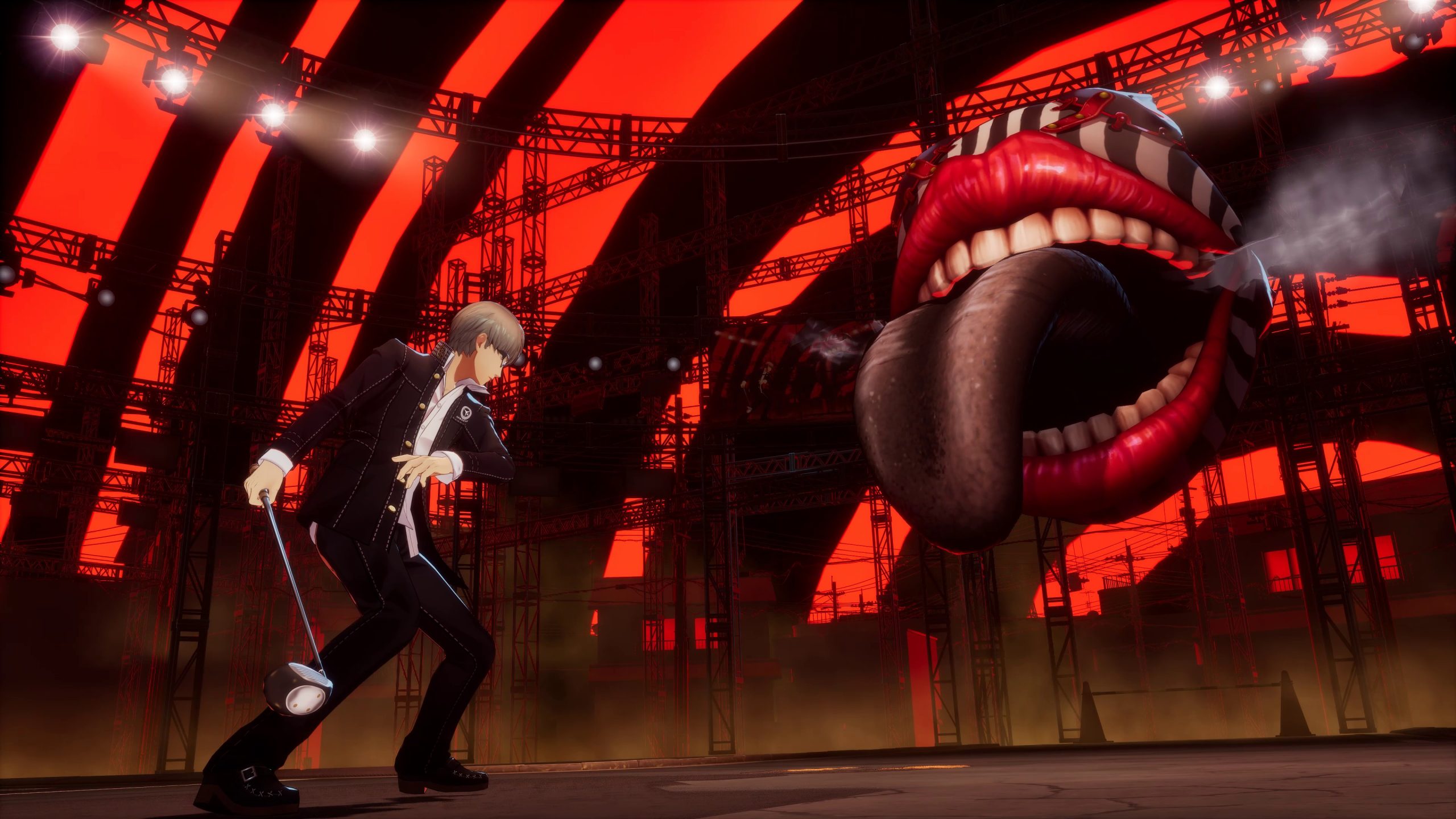 A character in 'Persona 4 Arena' confronts a large, menacing mouth with a striped design on a stage with red lighting.