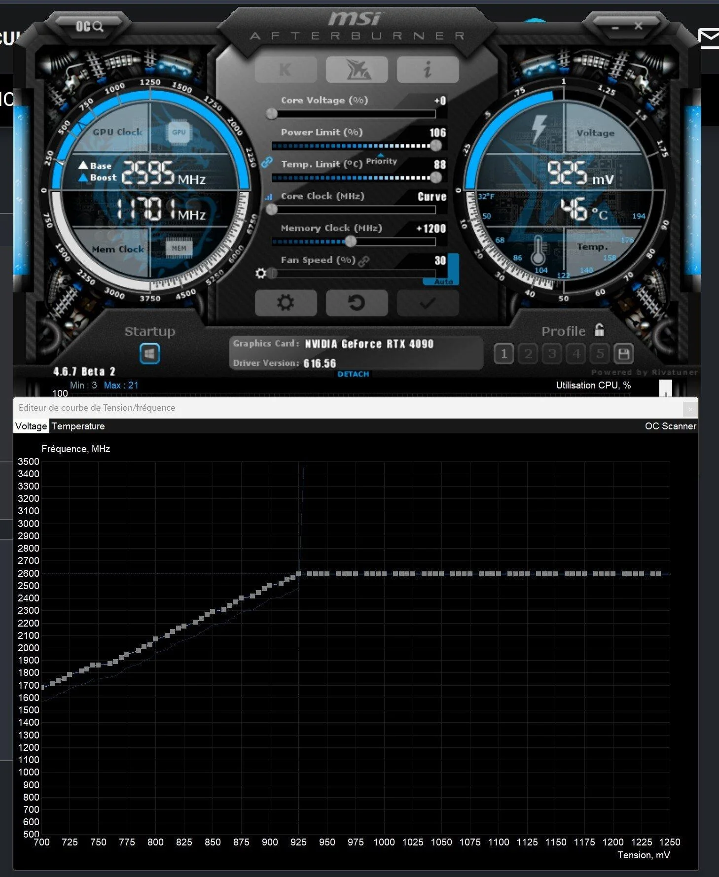 L'interface MSI Afterburner montre une RTX 4090 avec une fréquence de base à 2595 MHz et une fréquence mémoire à +1200 MHz.