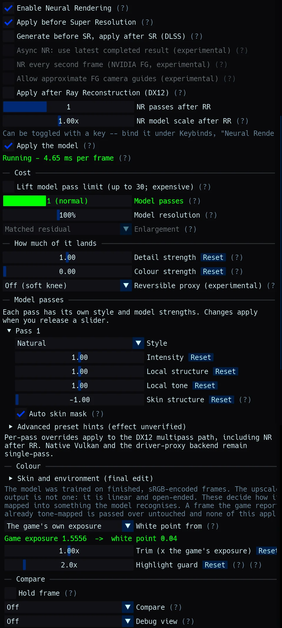 Une interface logicielle affichant des options de rendu neuronal, incluant 'Enable Neural Rendering', 'Apply after Ray Reconstruction (DX12)', et 'Running – 4.65 ms per frame'.