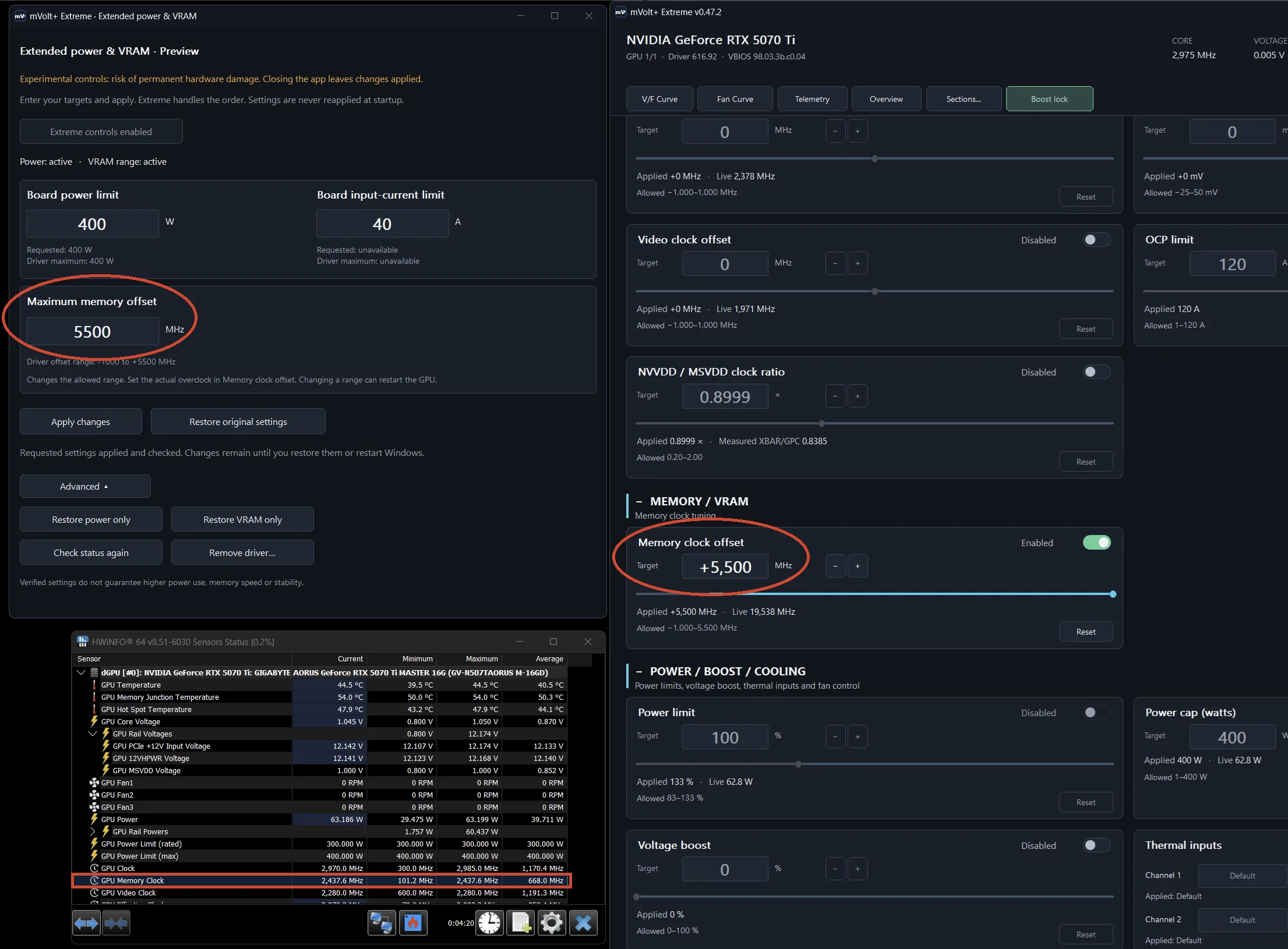 Capture d'écran des paramètres de mVolt+ Extreme montrant un décalage mémoire de +5500 MHz pour une RTX 5070 Ti.