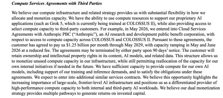 A document titled 'Compute Services Agreements with Third Parties' describes a cloud service agreement with Anthropic PBC for access to COLOSSUS and COLOSSUS II, highlighting a $1.25 billion per month payment through May 2029 and the ability for either party to terminate with 90 days' notice.