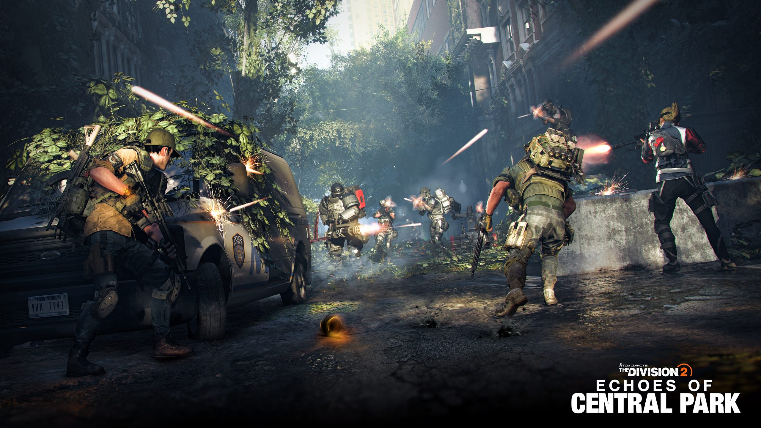 A group of armed characters engages in a shootout in an overgrown urban environment in the game 'Tom Clancy's The Division 2: Echoes of Central Park.'