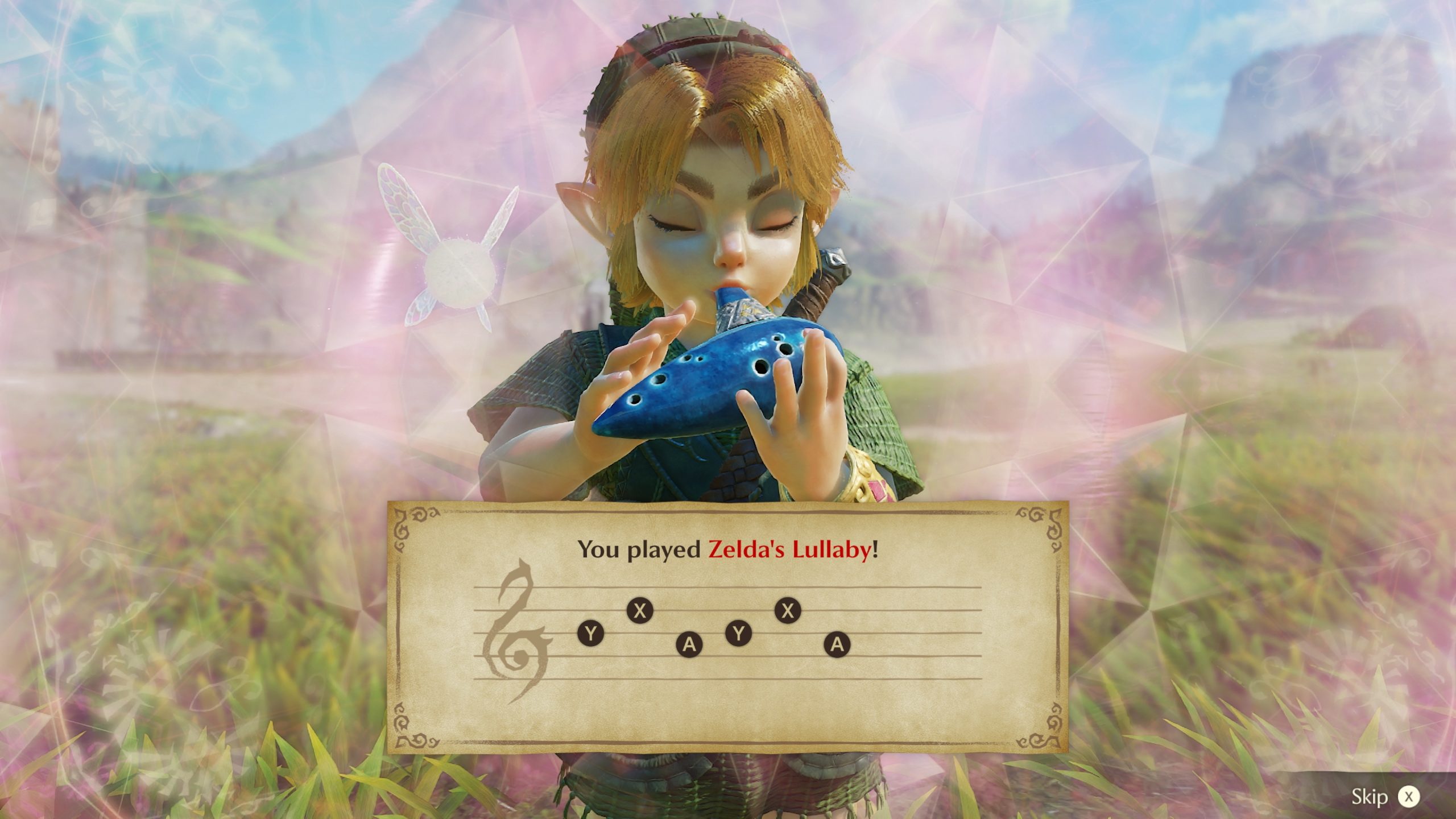 Link joue d'un ocarina bleu dans un champ. Un message à l'écran indique 'Vous avez joué la Berceuse de Zelda !' et montre la séquence de boutons 'Y X A Y X A'.