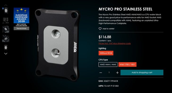 Le bloc à eau CPU Thermal Grizzly Mycro Pro Stainless Steel pour AMD AM4/AM5, présenté à côté d'un badge 'European Hardware Awards 2026'. Le prix indiqué est de 116,88€, avec options pour le type de CPU et un éclairage sans RGB.