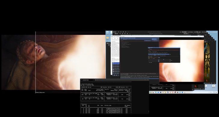 Comparaison côte à côte des détails graphiques d'un jeu vidéo, avec les spécifications d'une NVIDIA GeForce RTX 3060 Ti visibles dans une fenêtre d'invite de commandes Windows.