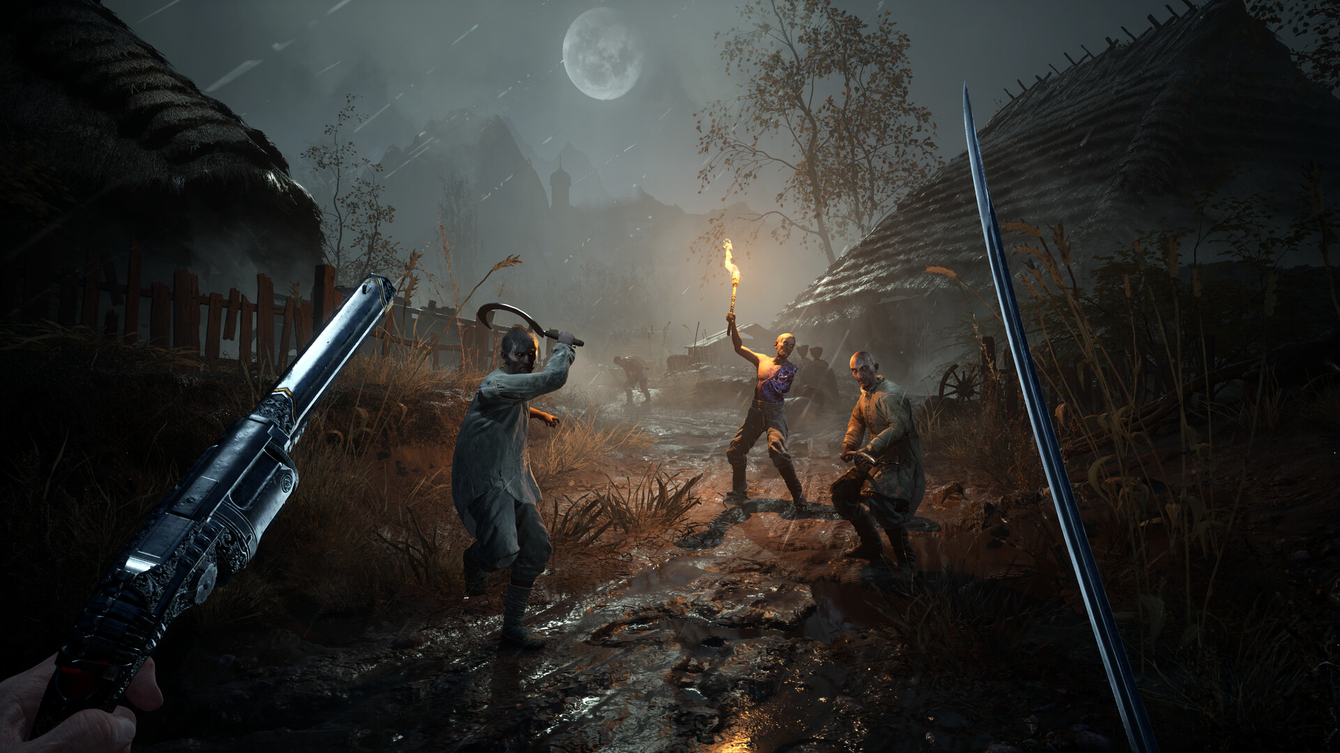 Un personnage dans le jeu Witchfire vise des ennemis avec un fusil de chasse lors d'une nuit sombre et pluvieuse, un ennemi tenant une torche.