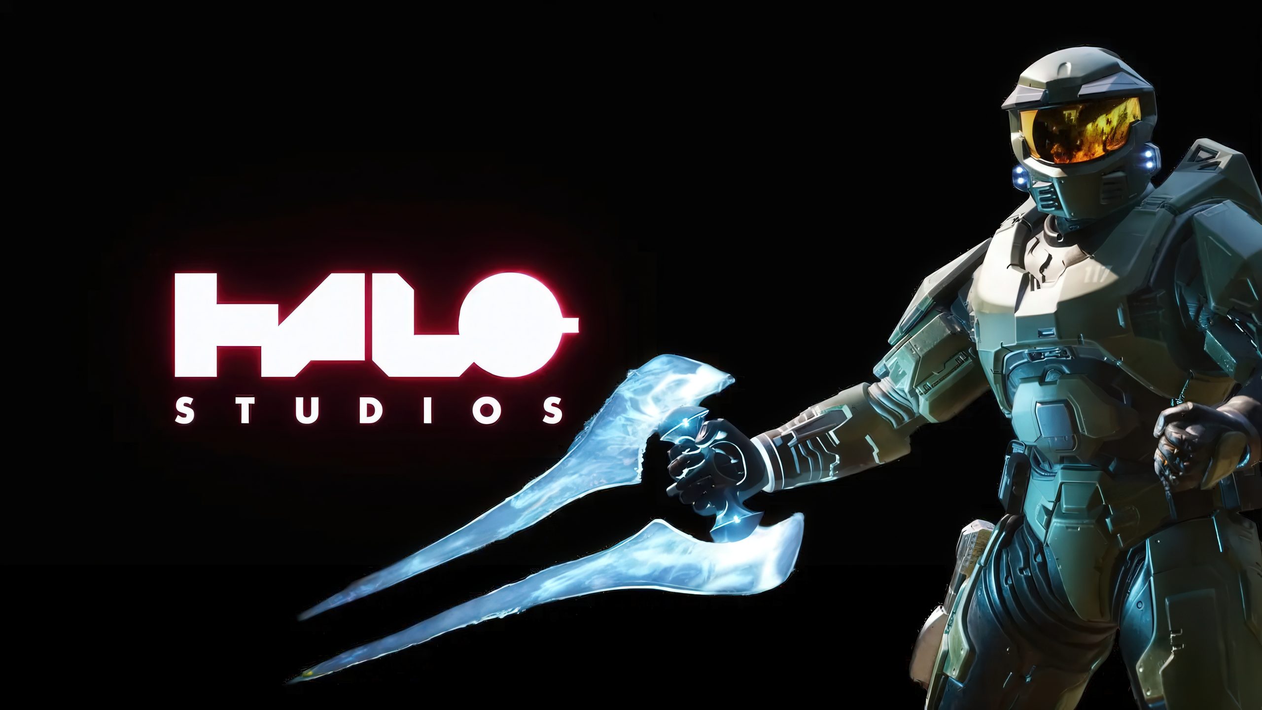 Personnage en armure futuriste tenant une épée énergétique devant le logo 'HALO STUDIOS'.