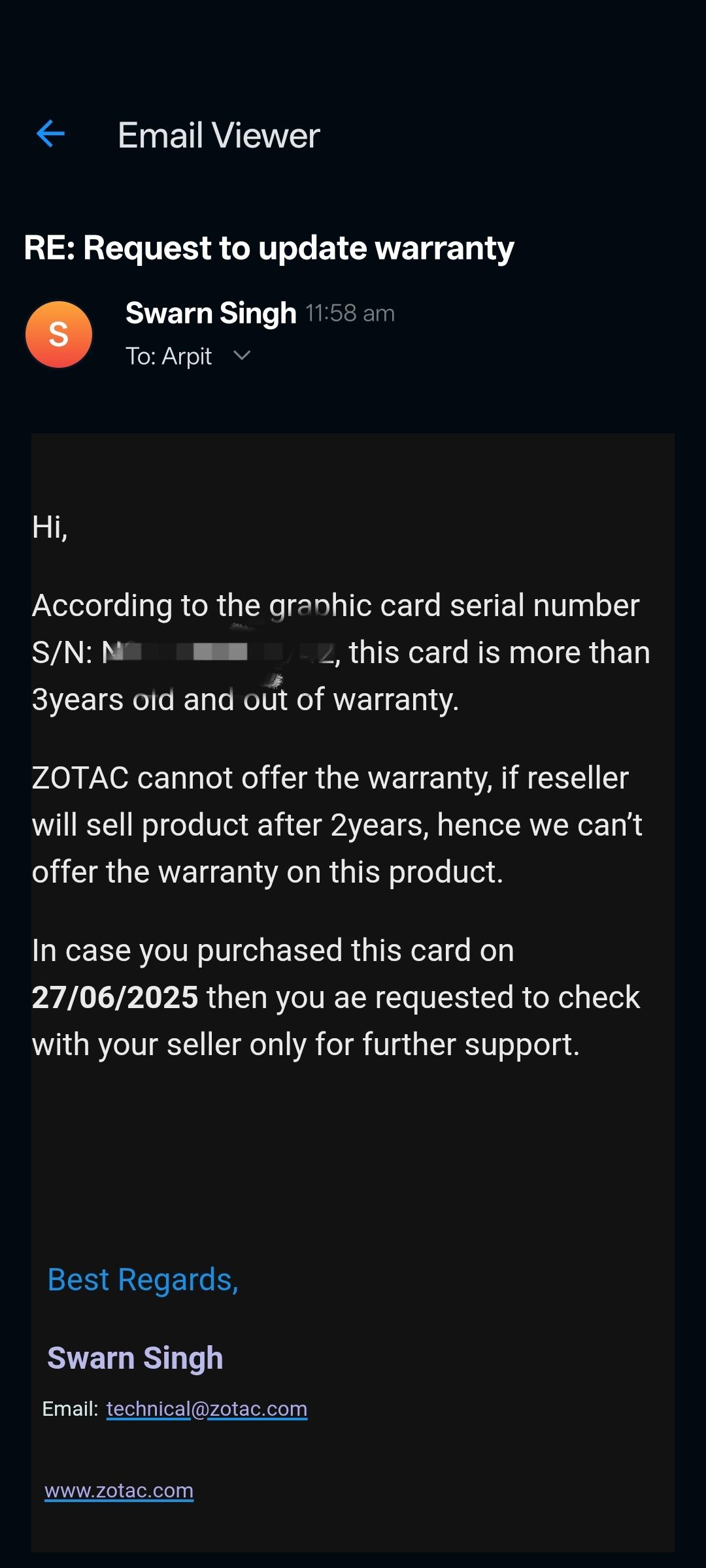 L'email de ZOTAC indique qu'une carte graphique est âgée de plus de 3 ans et hors garantie, précisant que le support doit être assuré par le vendeur si l'achat a été effectué avant le 27/06/2025.