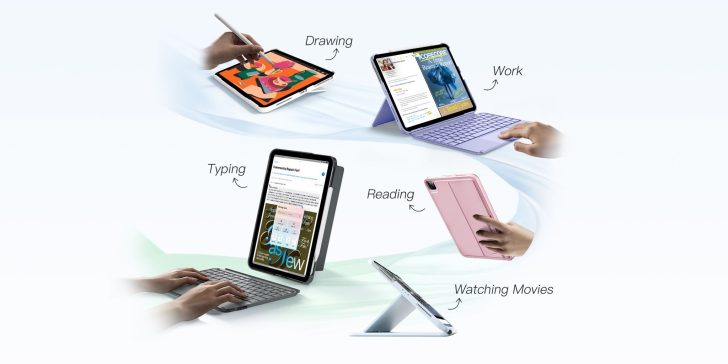 L'image montre une tablette utilisée dans différents modes, étiquetés 'Dessin', 'Travail', 'Frappe', 'Lecture' et 'Regarder des films', avec différents accessoires comme un stylet et des claviers.