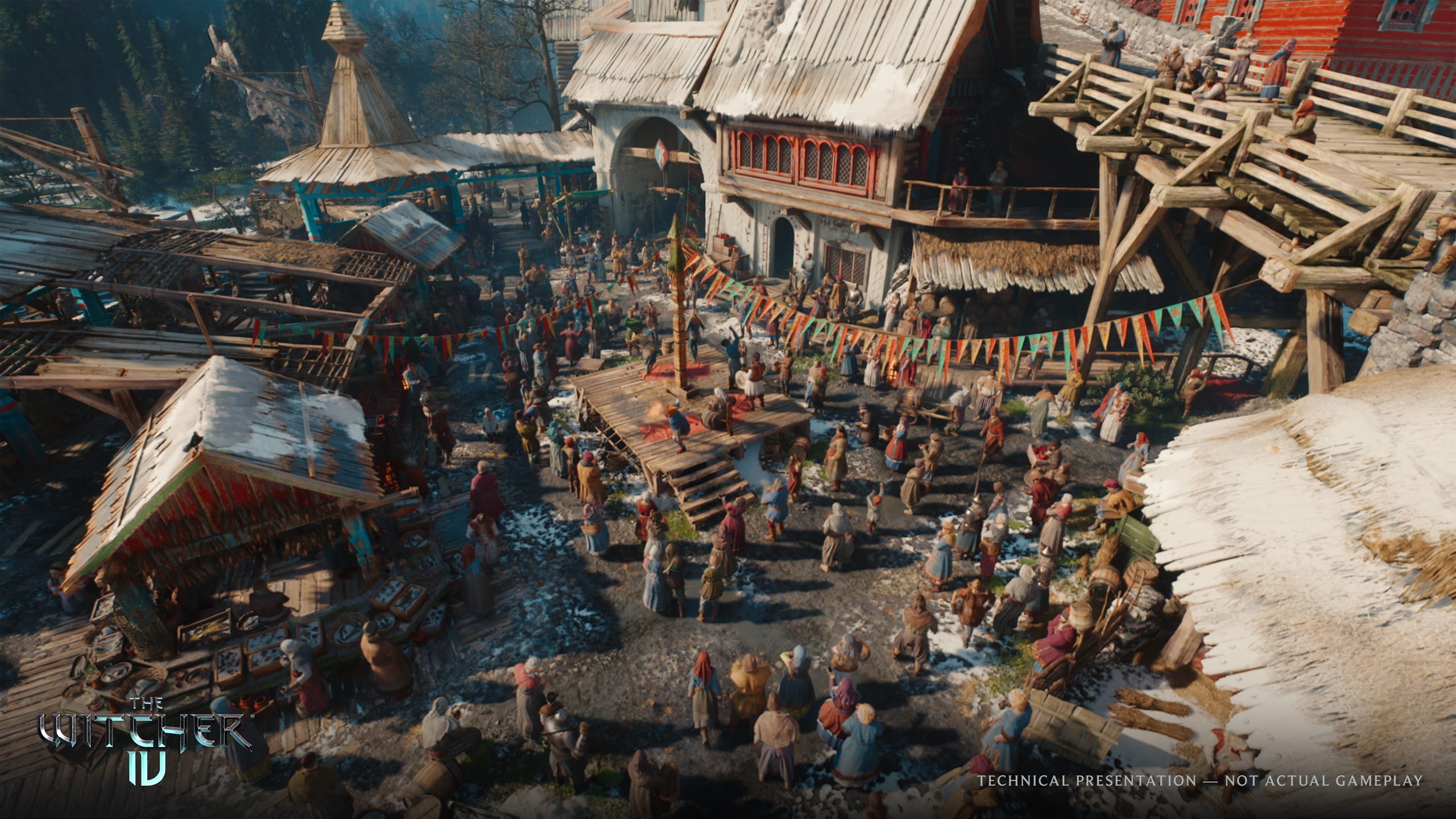 Une scène de village enneigé de la démo technique The Witcher 4.