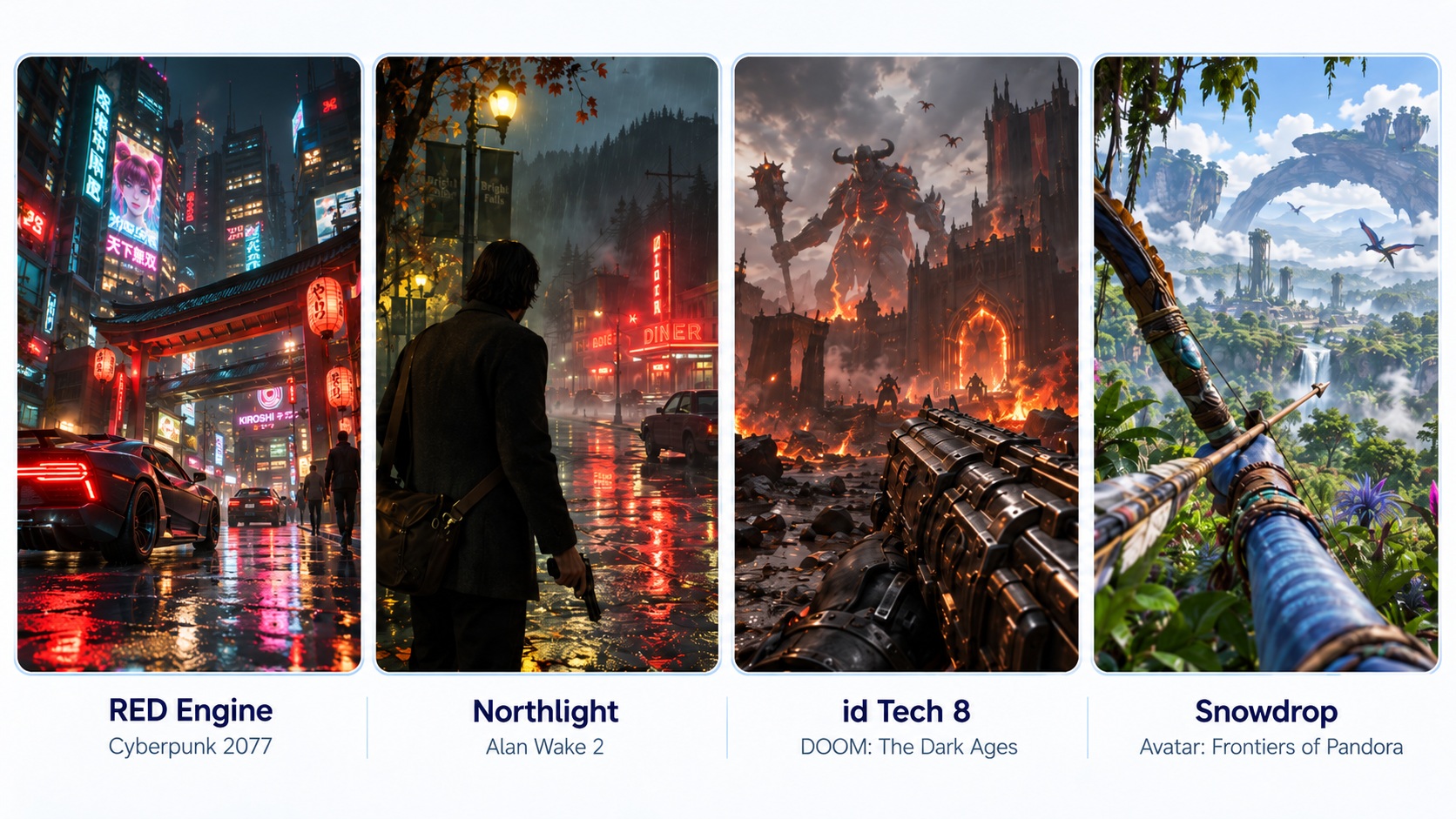 Quatre scènes de jeux utilisant RED Engine, Northlight, id Tech 8 et Snowdrop.
