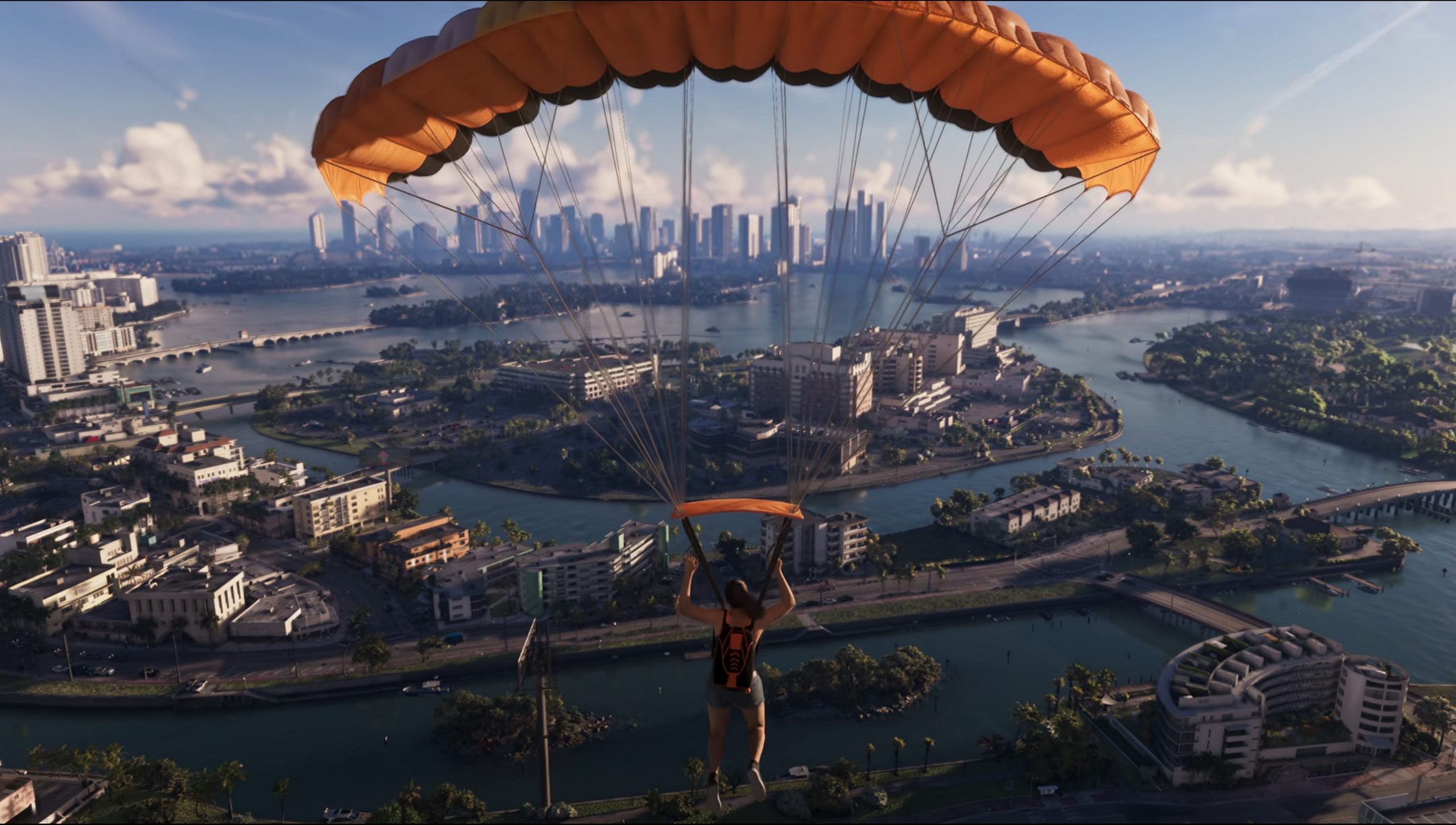 Un personnage faisant du saut en parachute au-dessus d'un paysage urbain détaillé.