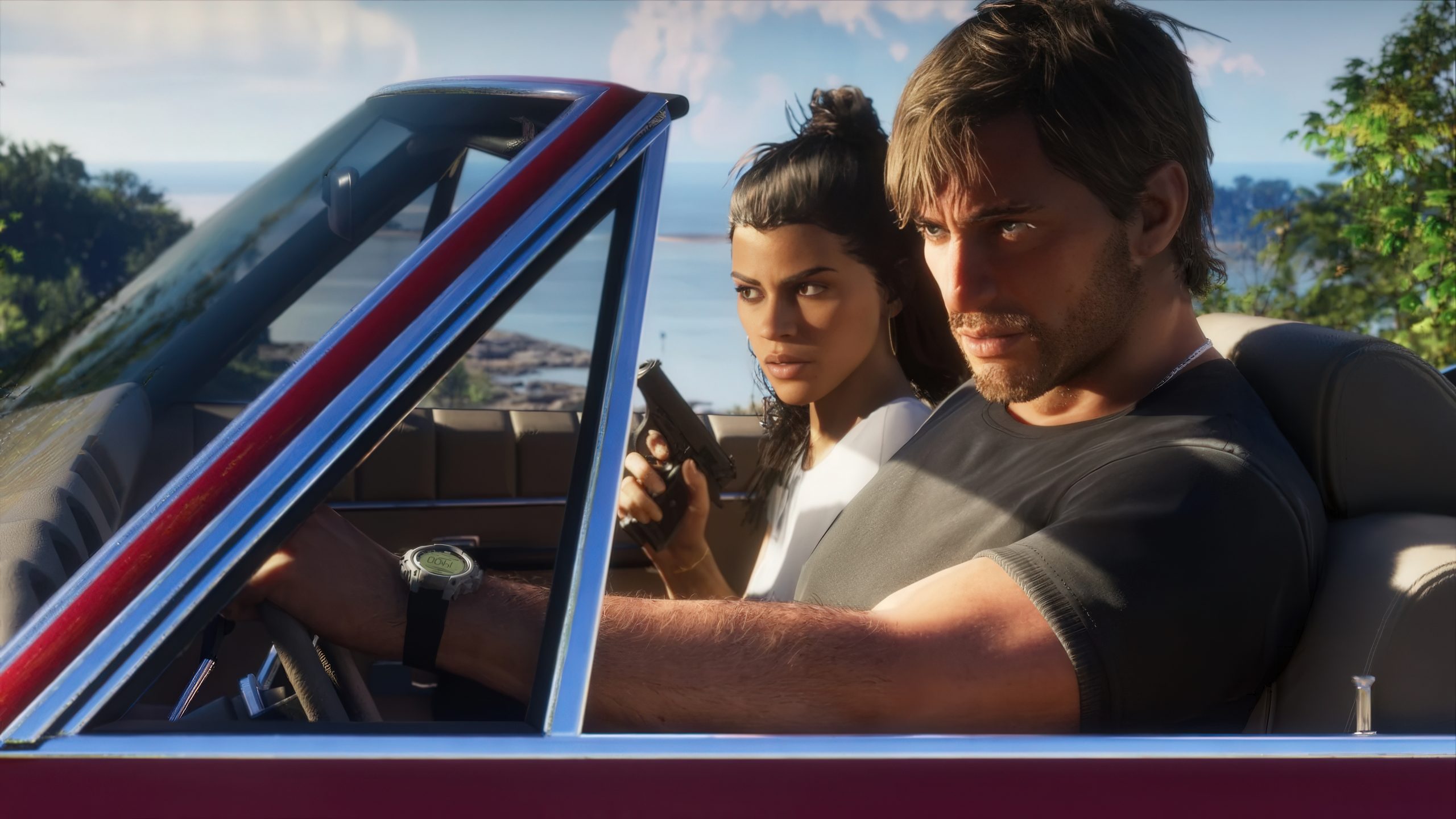 Jason et Lucia, les deux personnages principaux de GTA 6, assis dans une décapotable rouge sur une route côtière.