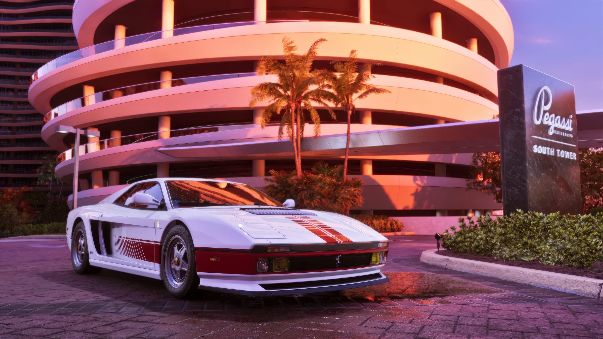 Une voiture de sport blanche aux bandes rouges garée devant la 'Pegassi Residences South Tower' au coucher du soleil.