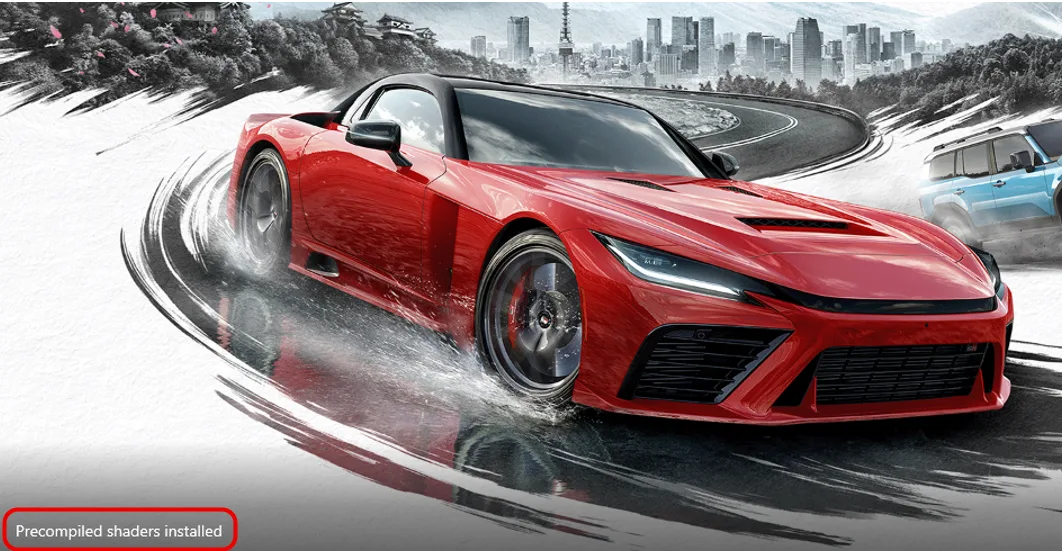 Une voiture de sport rouge dérape sur un circuit enneigé stylisé, avec le texte 'Shaders précompilés installés' dans le coin inférieur gauche.