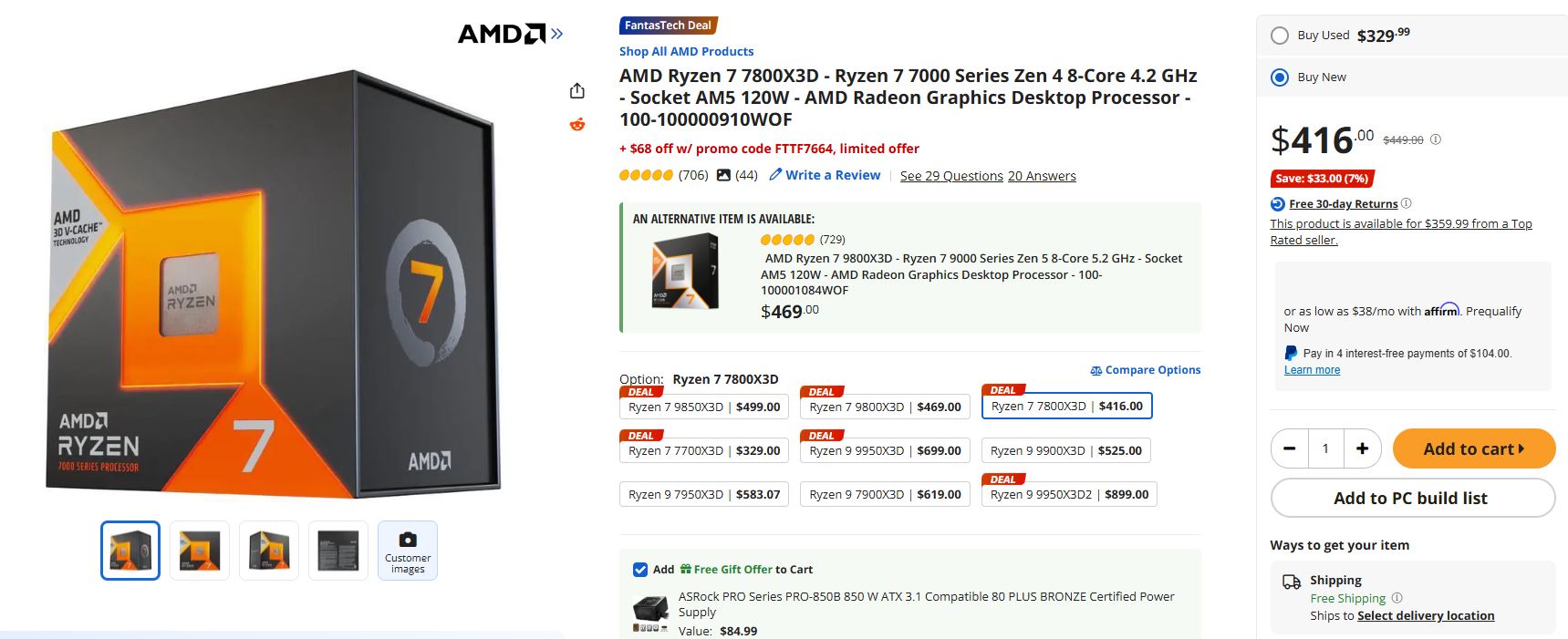 Boîtier du processeur AMD Ryzen 7 7800X3D et capture d'écran d'une liste d'achat en ligne montrant un prix de 416,00 dollars avec une remise de 33,00 dollars.