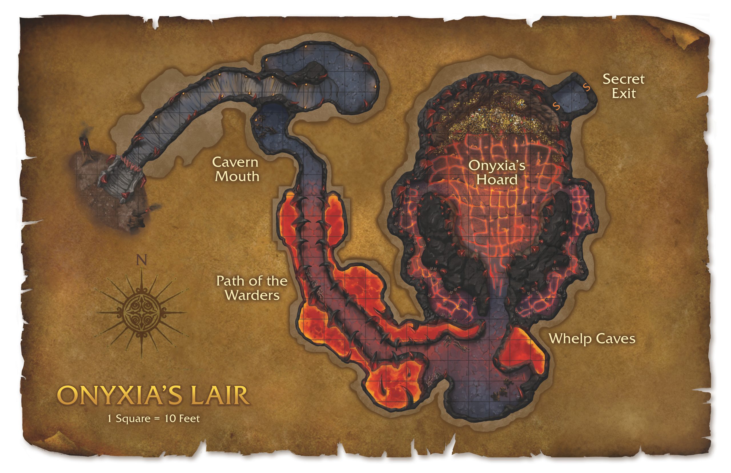Carte du Repaire d'Onyxia montrant l'Antre du Gardien et la Caverne aux Dragonnets.