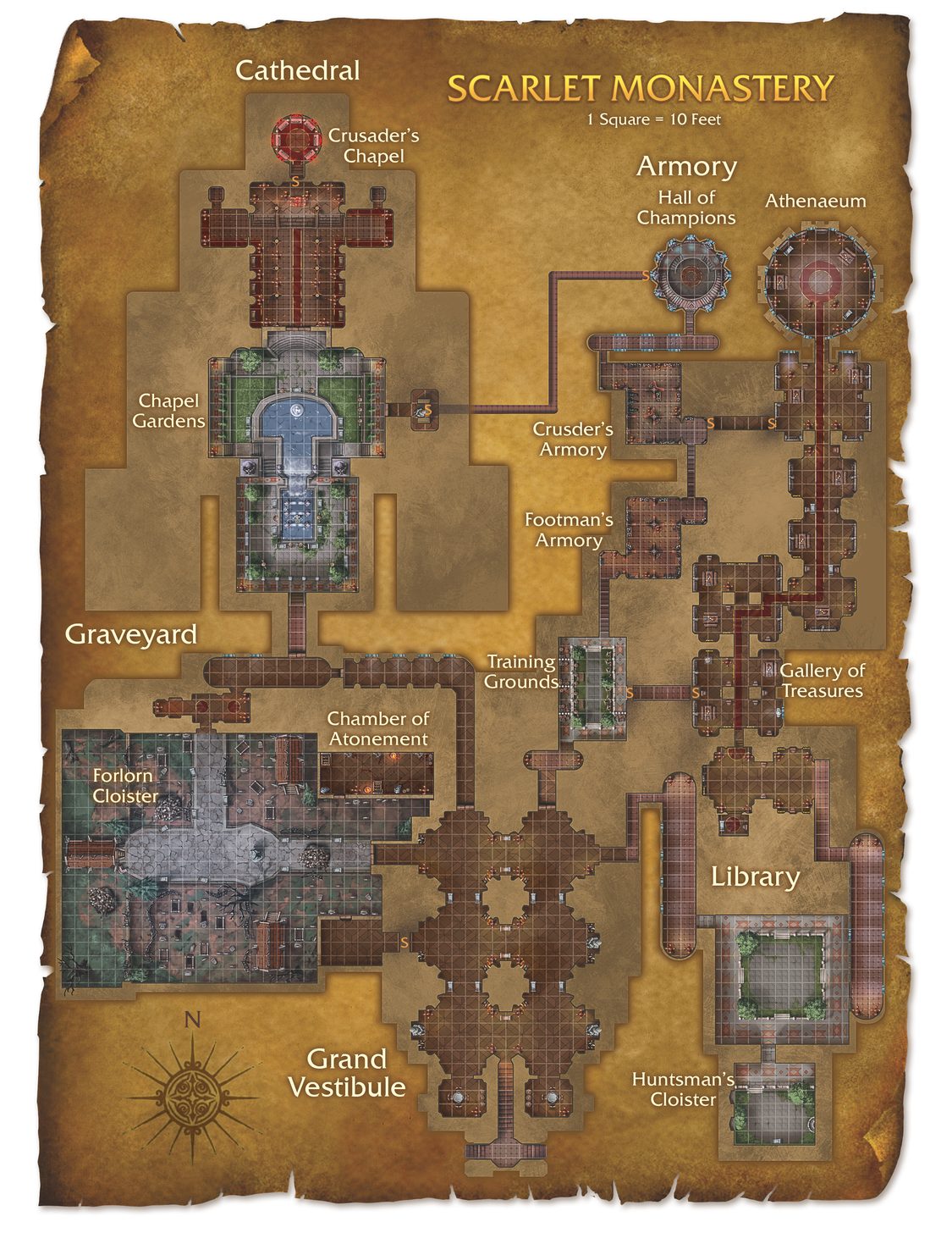Carte du Monastère Écarlate montrant la Cathédrale, l'Armurerie, le Cimetière et la Bibliothèque.
