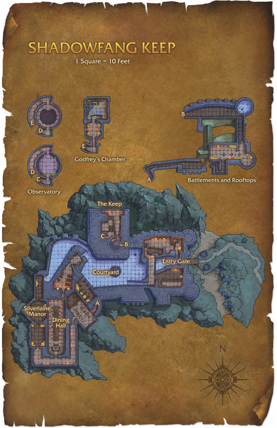 Carte d'Ombrelune montrant la Chambre de Godfrey, l'Observatoire et les Remparts.