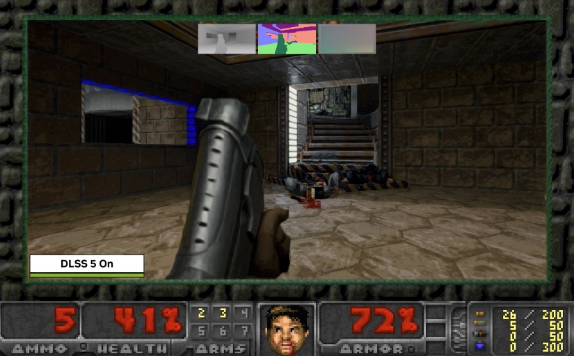 A first-person shooter game displaying a character with a gun and the on-screen text 'DLSS 5 On'.