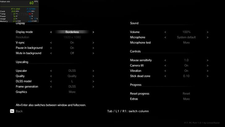 Une capture d'écran des paramètres du jeu 'P.T. PC Port 1.0.1 par LoreanXavier' montre une carte graphique RTX 4060 et un CPU i7-12700H fonctionnant à 60 FPS avec le suréchantillonnage DLSS activé.
