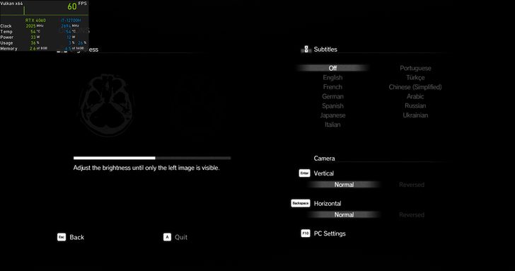 L'écran montre un menu de paramètres PC avec une carte NVIDIA RTX 4060 fonctionnant à 60 FPS, accompagné d'un message d'étalonnage de la luminosité : 'Ajustez la luminosité jusqu'à ce que seule l'image de gauche soit visible'.