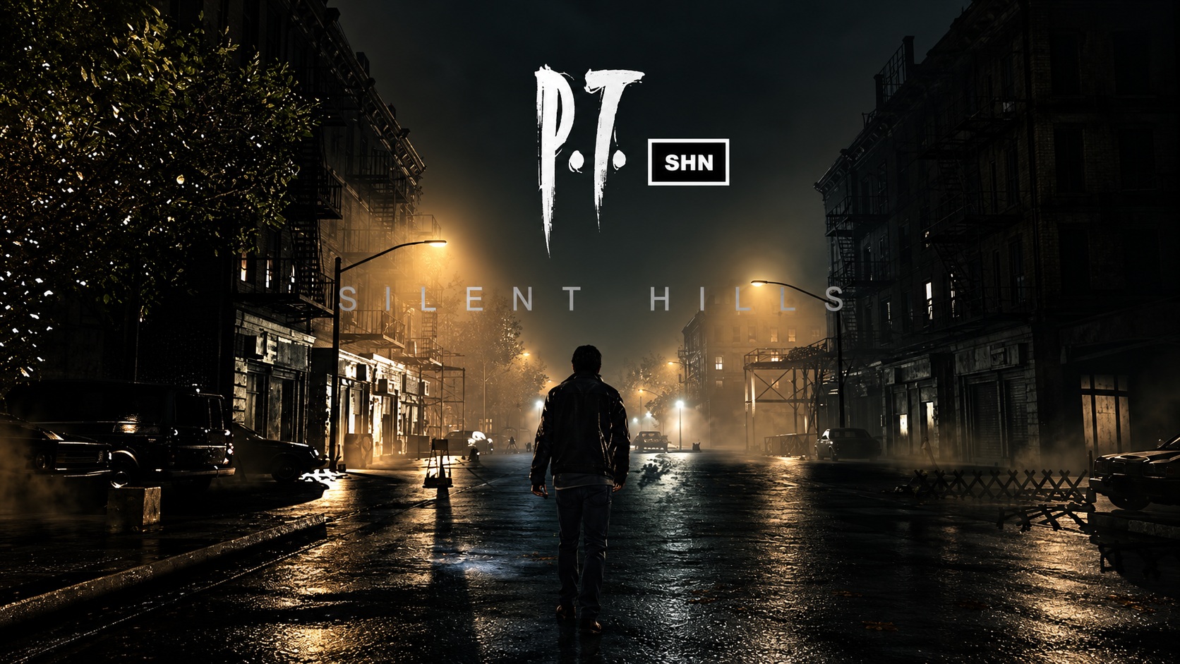 Un personnage solitaire marche dans une rue sombre et brumeuse avec le texte 'P.T Silent Hills' affiché au-dessus.