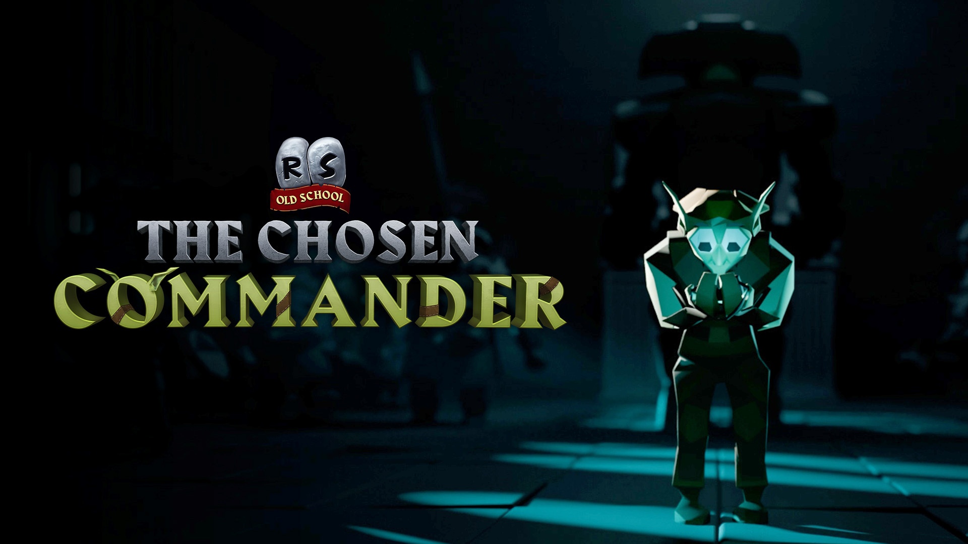 Un gobelin dans un environnement sombre à côté du texte 'Old School RS The Chosen Commander'.