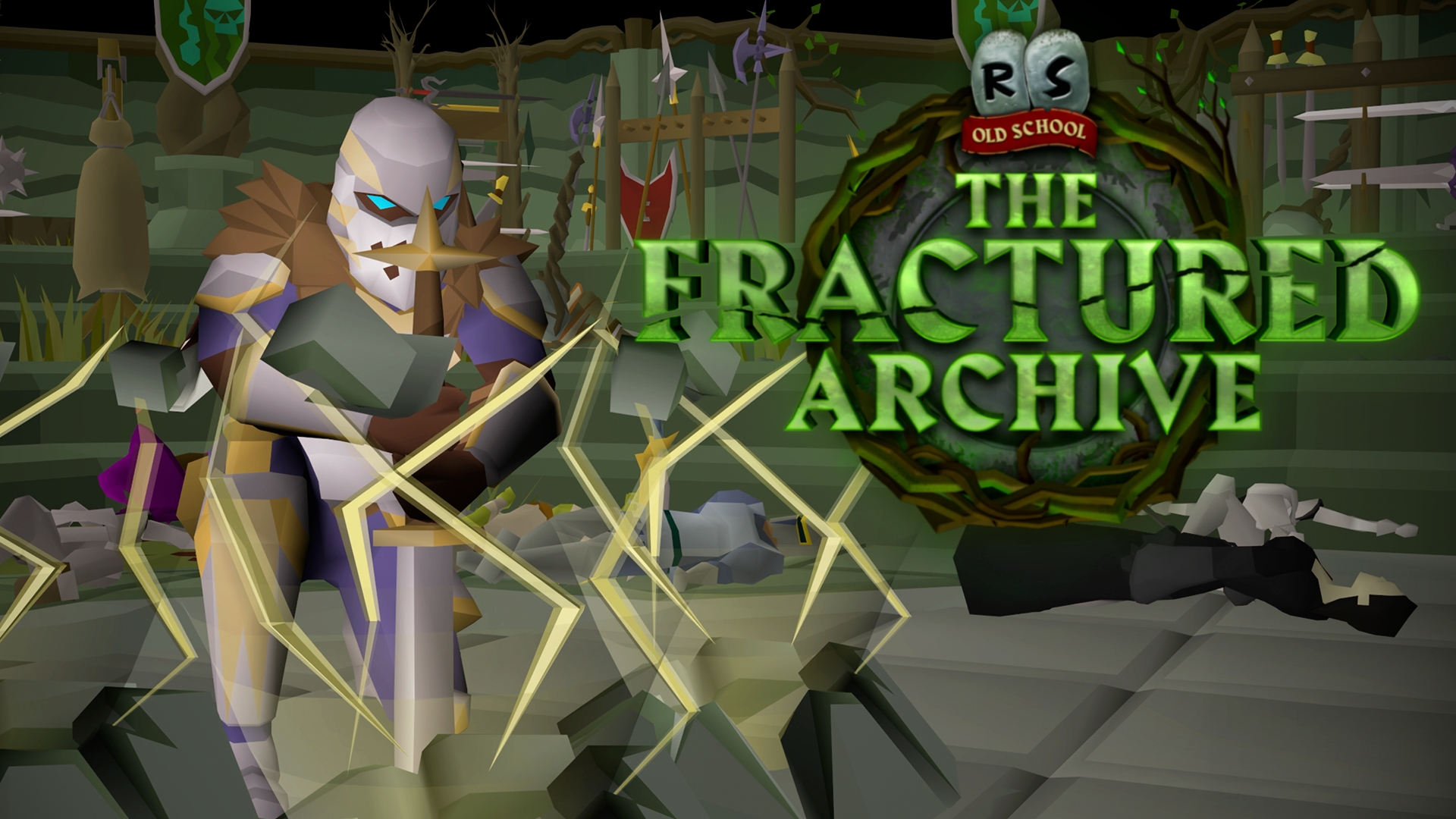 Un personnage en pleine action dans 'Old School RS: The Fractured Archive', entouré d'effets visuels saisissants.