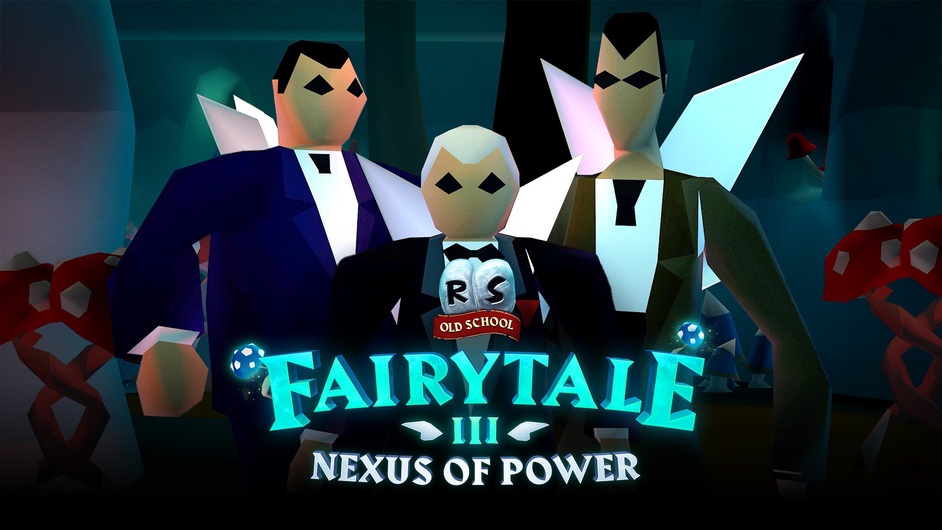 Trois personnages stylisés devant le logo 'RS Old School' et le texte 'FAIRYTALE III NEXUS OF POWER' sur une image promotionnelle.
