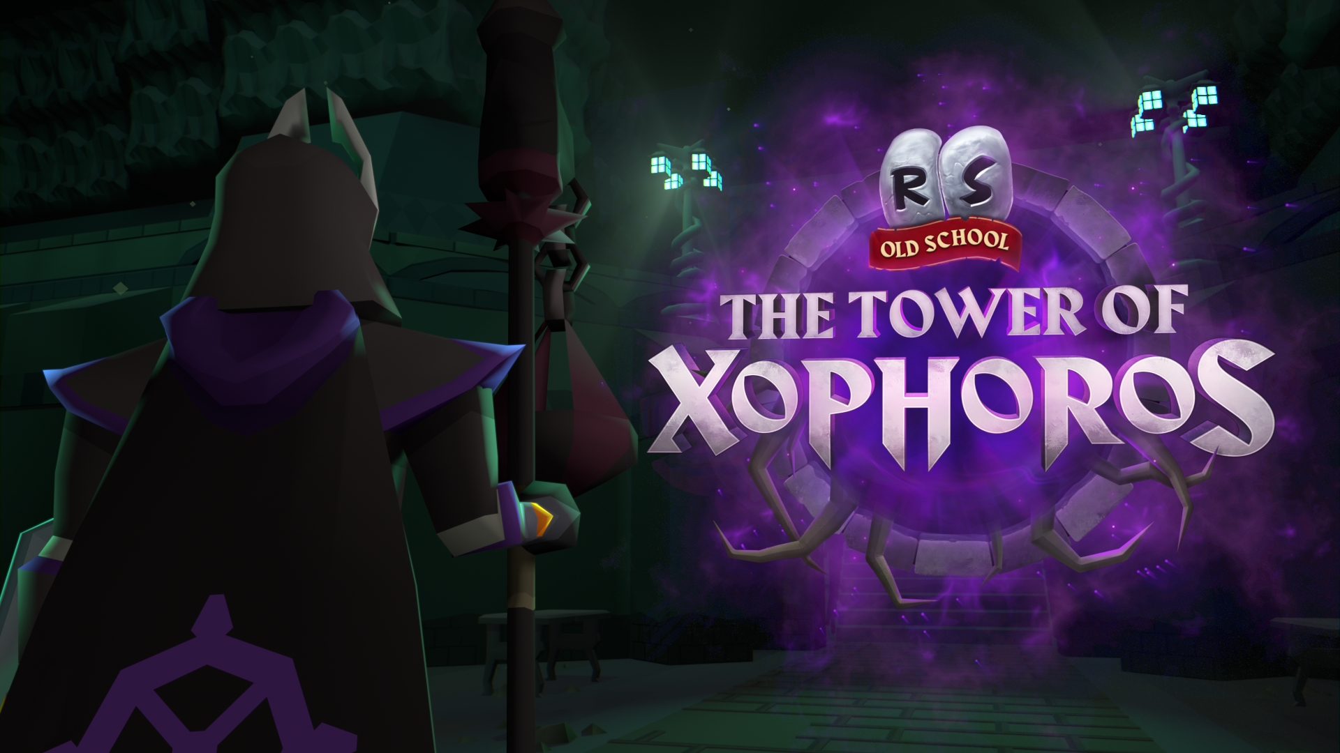 Un personnage encapuchonné devant un portail lumineux, surmonté du texte 'RS OLD SCHOOL THE TOWER OF XOPHOROS'.