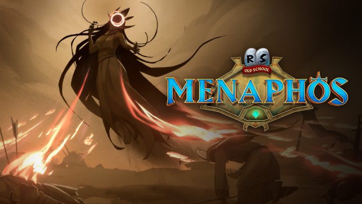 Un personnage dans une pose dramatique avec des éléments rougeoyants, à côté du titre 'Old School RS MENAPHOS'.