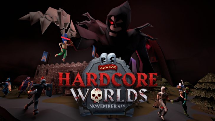 Image promotionnelle pour 'RS Old School: Hardcore Worlds' montrant des guerriers au combat devant une silhouette sombre géante, avec la date '4 novembre'.